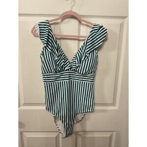 Cocoship Women's 1 Piece V-Neckline Striped Backless Ruffled Swimsuit, 10